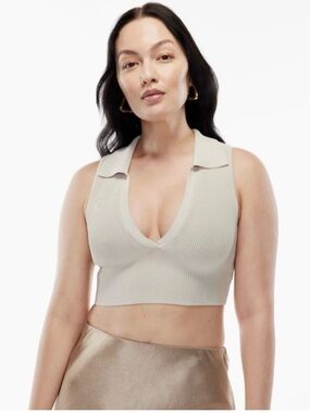 Aritzia Babaton Sculpt Knit Polo Top XS Matte Pearl Ribbed Cropped Tank Top NWT